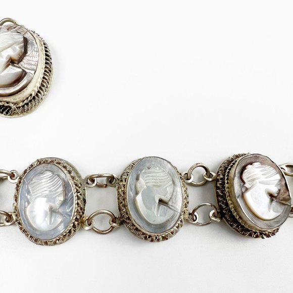 Vintage Silver Abalone Shell Cameo Set Bracelet Earrings Pendant Parure - Picture 7 of 12